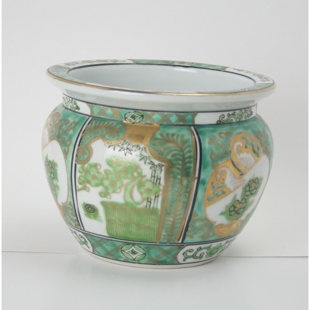 Gold Imari Hand Painted Porcelain Cachepot Green Gold Crane Bamboo Planter Bowl